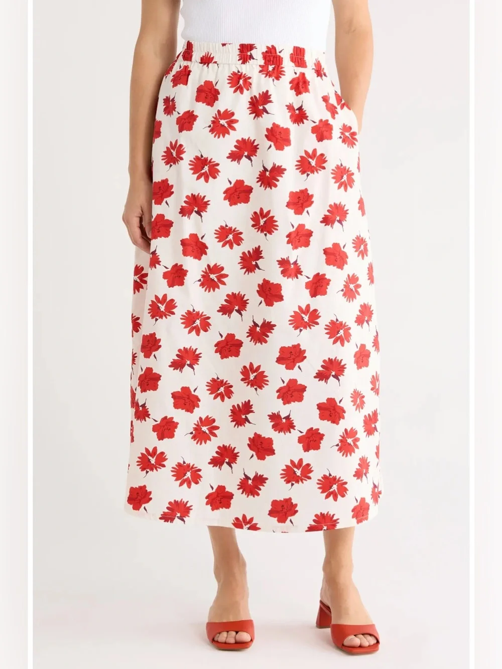 Elie Tahari Midi Skirt with Red Floral Print - new with tags - size M